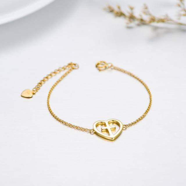 14K Gold Cross & Heart Pendant Bracelet-2