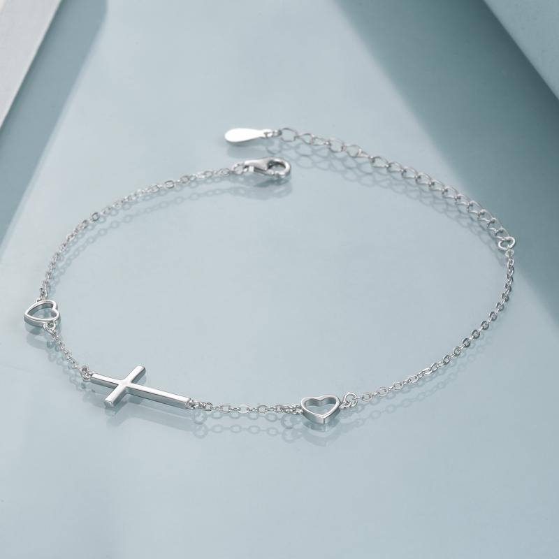 Sterling Silver Cross & Heart Pendant Bracelet-5