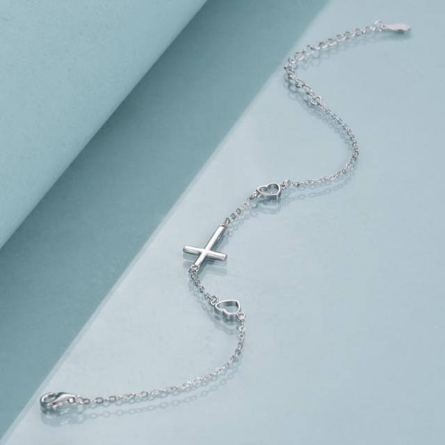Sterling Silver Cross & Heart Pendant Bracelet-3