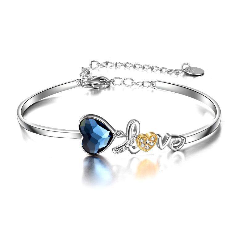 Sterling Silver Two-tone Heart Shaped Crystal Heart Pendant Bangle with Engraved Word-1