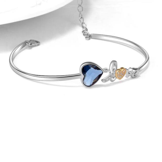 Sterling Silver Two-tone Heart Shaped Crystal Heart Pendant Bangle with Engraved Word-3