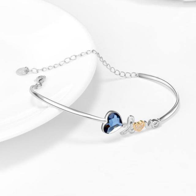 Sterling Silver Two-tone Heart Shaped Crystal Heart Pendant Bangle with Engraved Word-2