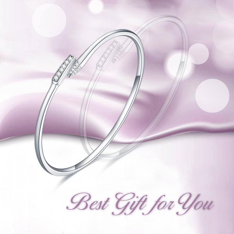 Sterling Silver Circular Shaped Cubic Zirconia Plain Bangle-6