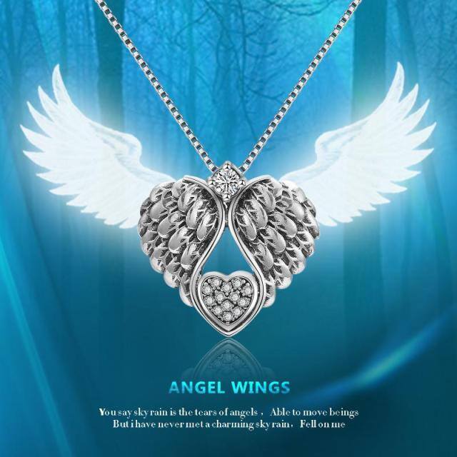 Sterling Silver Cubic Zirconia Angel Wing & Heart Pendant Necklace-5