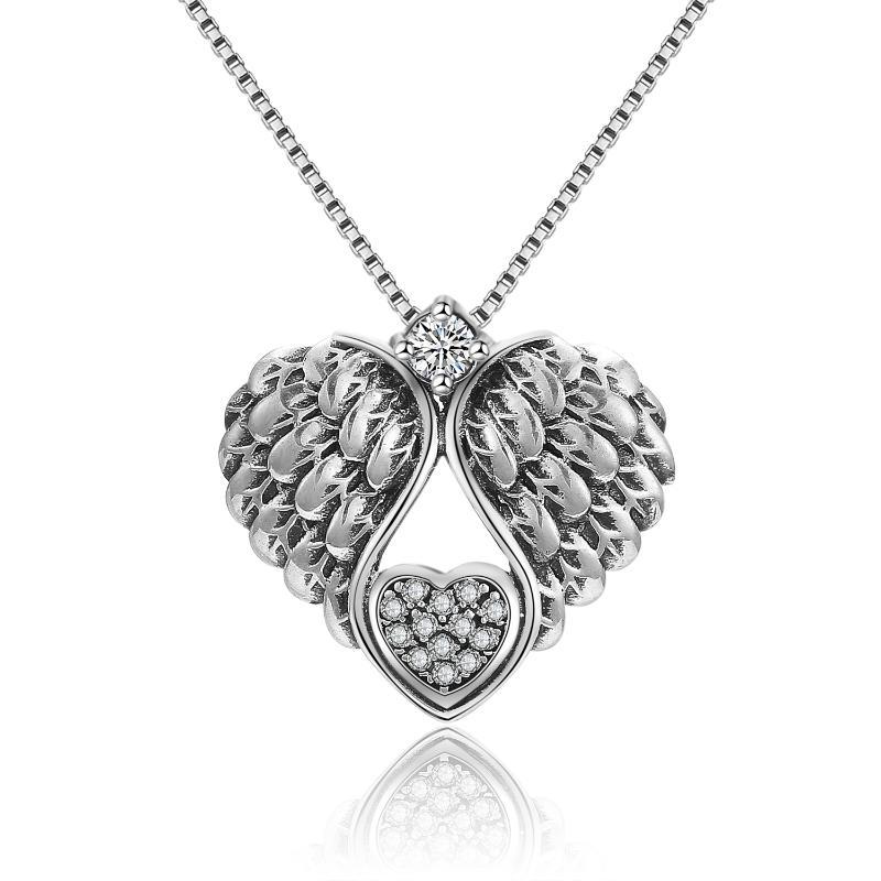 Sterling Silver Cubic Zirconia Angel Wing & Heart Pendant Necklace-1