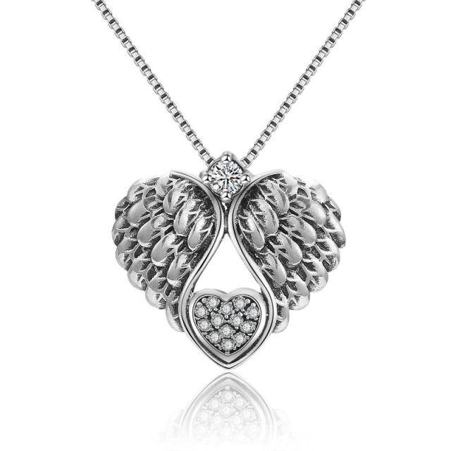 Sterling Silver Cubic Zirconia Angel Wing & Heart Pendant Necklace-0