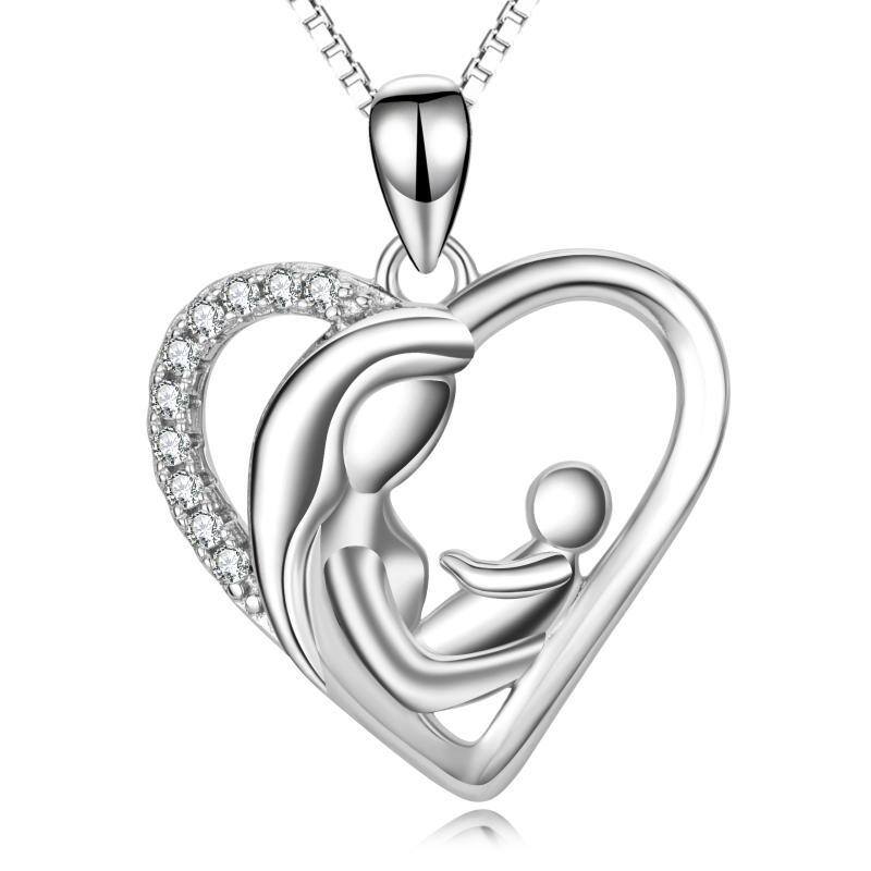 Sterling Silber Cubic Zirkonia Mutter & Herz-Anhänger Halskette-1