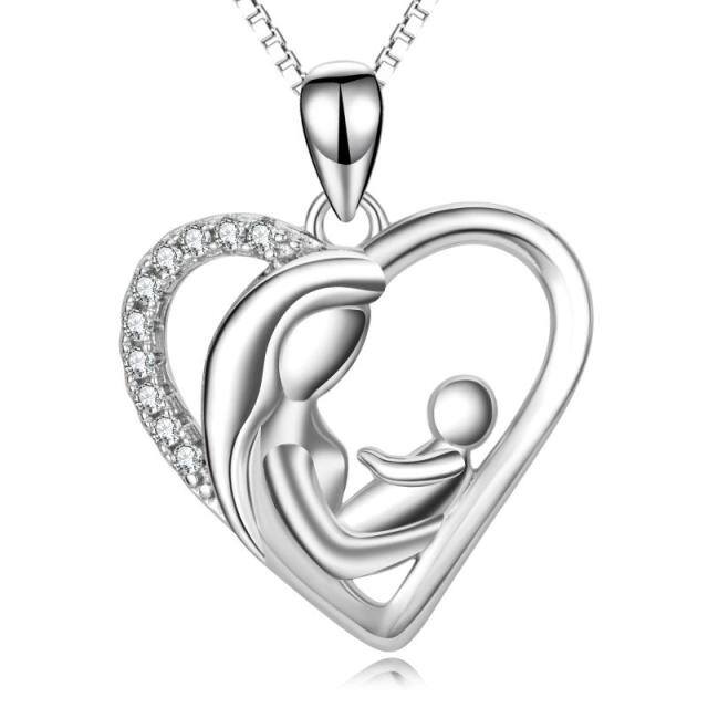 Sterling Silver Cubic Zirconia Mother & Heart Pendant Necklace-0