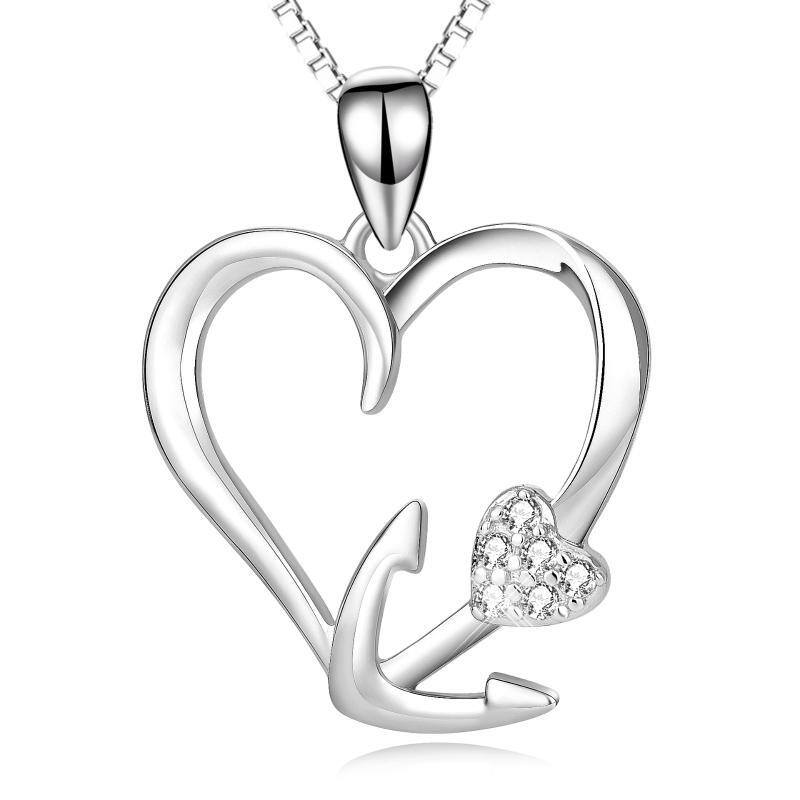 Collar de plata de ley con forma circular de ancla y colgante de corazón-1
