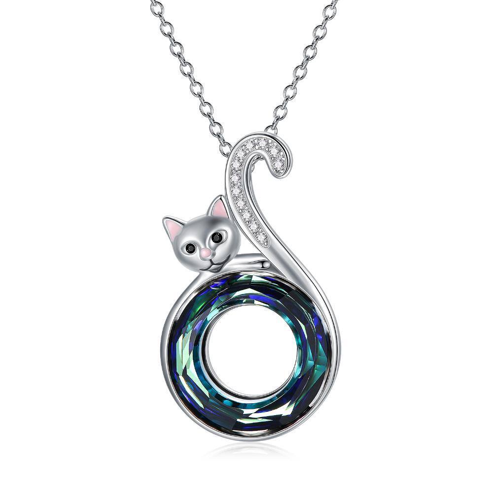 Sterling Silver Round Cat Crystal Pendant Necklace-1