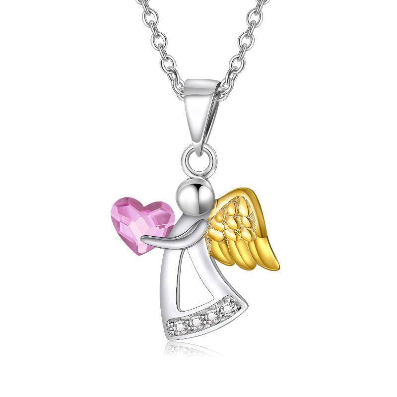 Sterling Silver Two-tone Heart Crystal Angel Wings Pendant Necklace-1