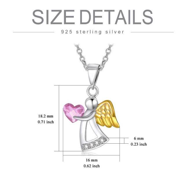 Sterling Silver Two-tone Heart Crystal Angel Wings Pendant Necklace-5