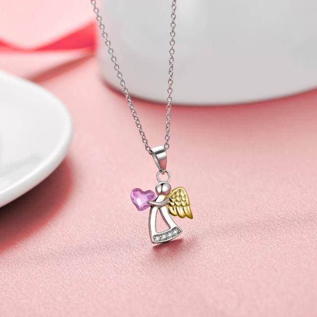 Sterling Silver Two-tone Heart Crystal Angel Wings Pendant Necklace-3