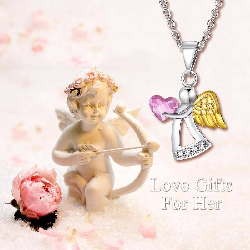 Sterling Silver Two-tone Heart Crystal Angel Wings Pendant Necklace-7