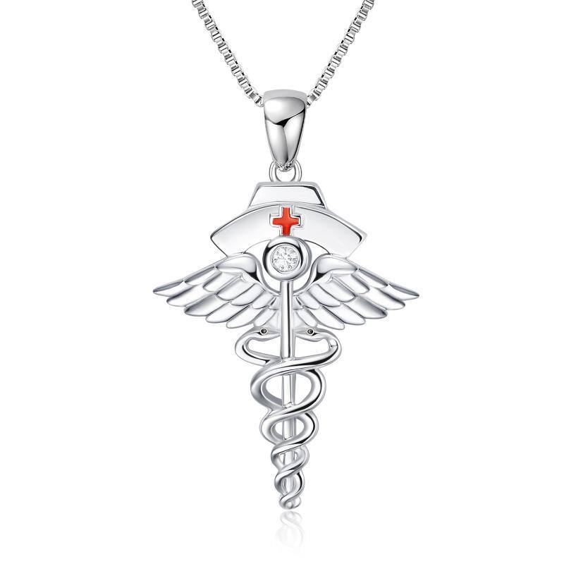 Sterling Silver Circular Shaped Cubic Zirconia Angel & Stethoscope Pendant Necklace-1