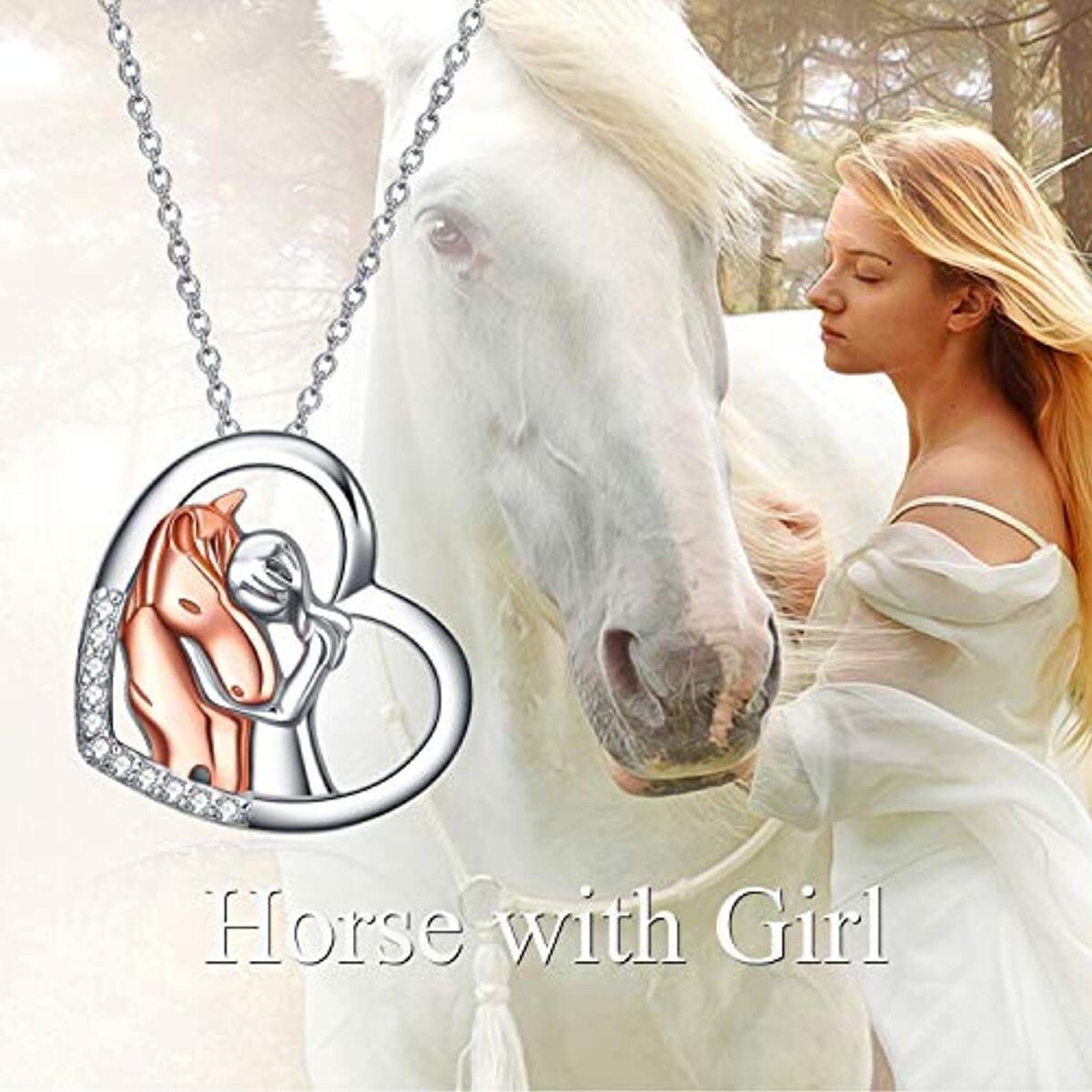 Sterling Silver Two-tone Zircon Horse & Heart Pendant Necklace-5