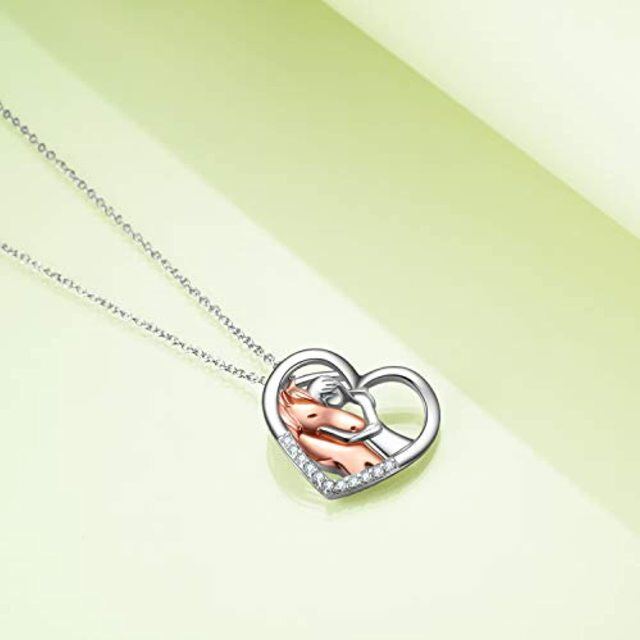 Sterling Silver Two-tone Zircon Horse & Heart Pendant Necklace-2