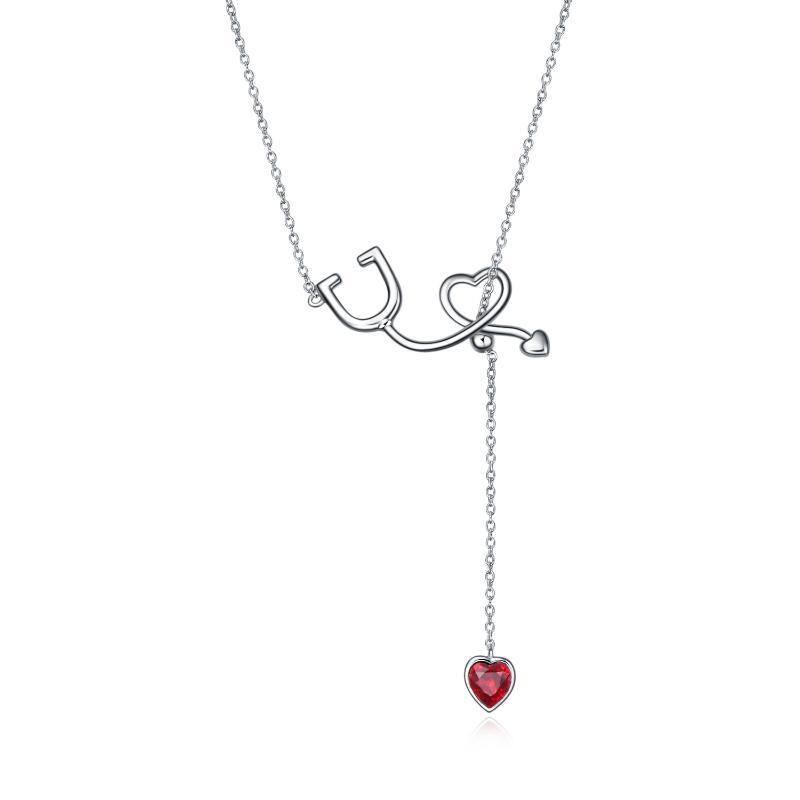 Sterling Silver Heart Crystal Stethoscope Pendant Necklace-1