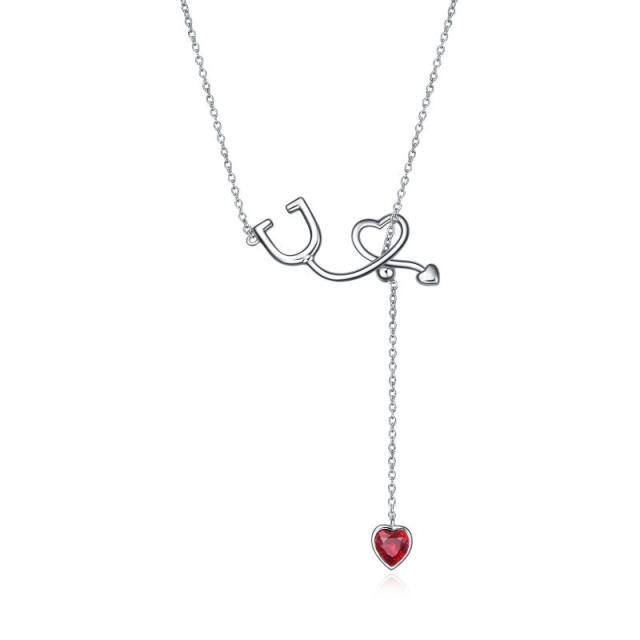 Sterling Silver Heart Crystal Stethoscope Pendant Necklace-0