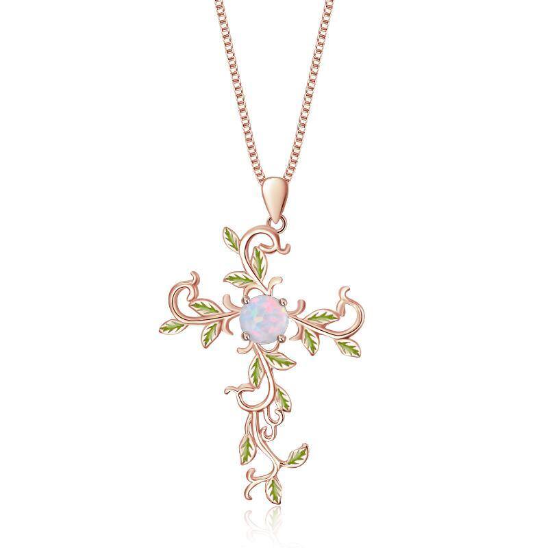 Sterling Silver with Rose Gold Plated Circular Shaped Opal Tree Of Life & Cross Pendant Necklace-1
