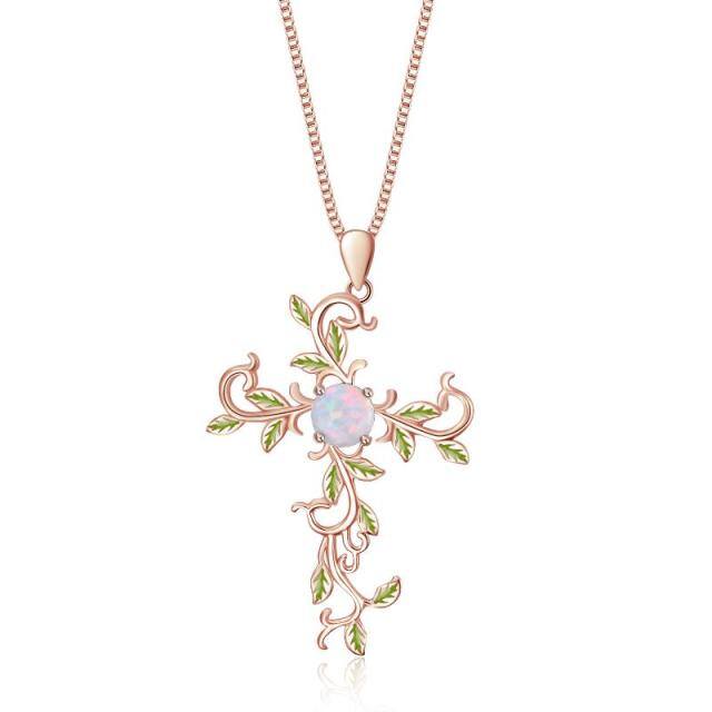 Sterling Silver with Rose Gold Plated Circular Shaped Opal Tree Of Life & Cross Pendant Necklace-2