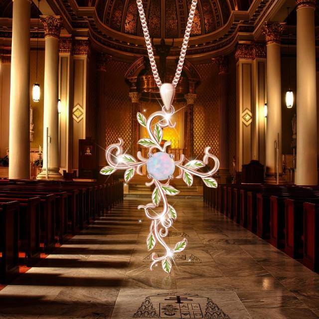 Sterling Silver with Rose Gold Plated Circular Shaped Opal Tree Of Life & Cross Pendant Necklace-5