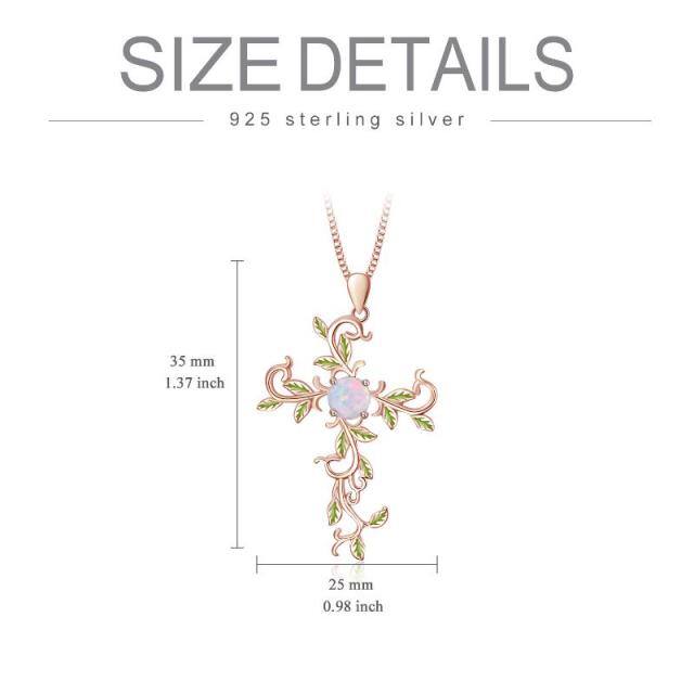 Sterling Silver with Rose Gold Plated Circular Shaped Opal Tree Of Life & Cross Pendant Necklace-4