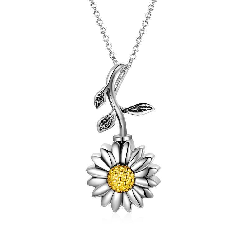 Sterling Silver Two-tone Sunflower Branch Urn Necklace for Ashes-1