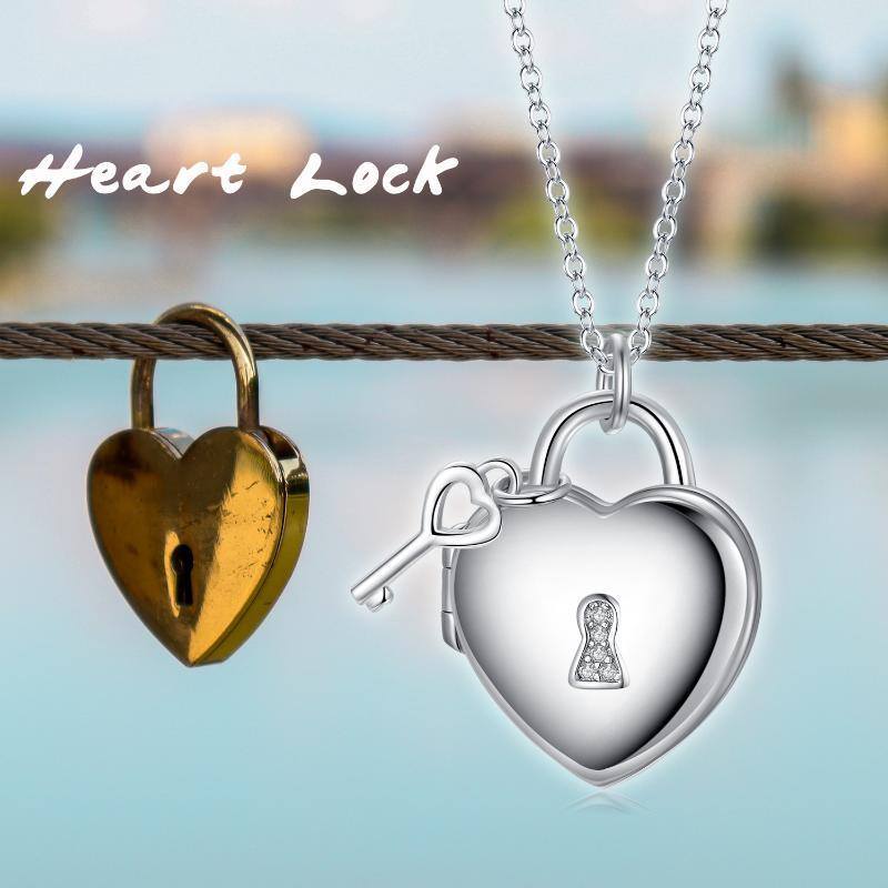 Sterling Silver Circular Shaped Cubic Zirconia Lock Personalized Photo Locket Necklace-6