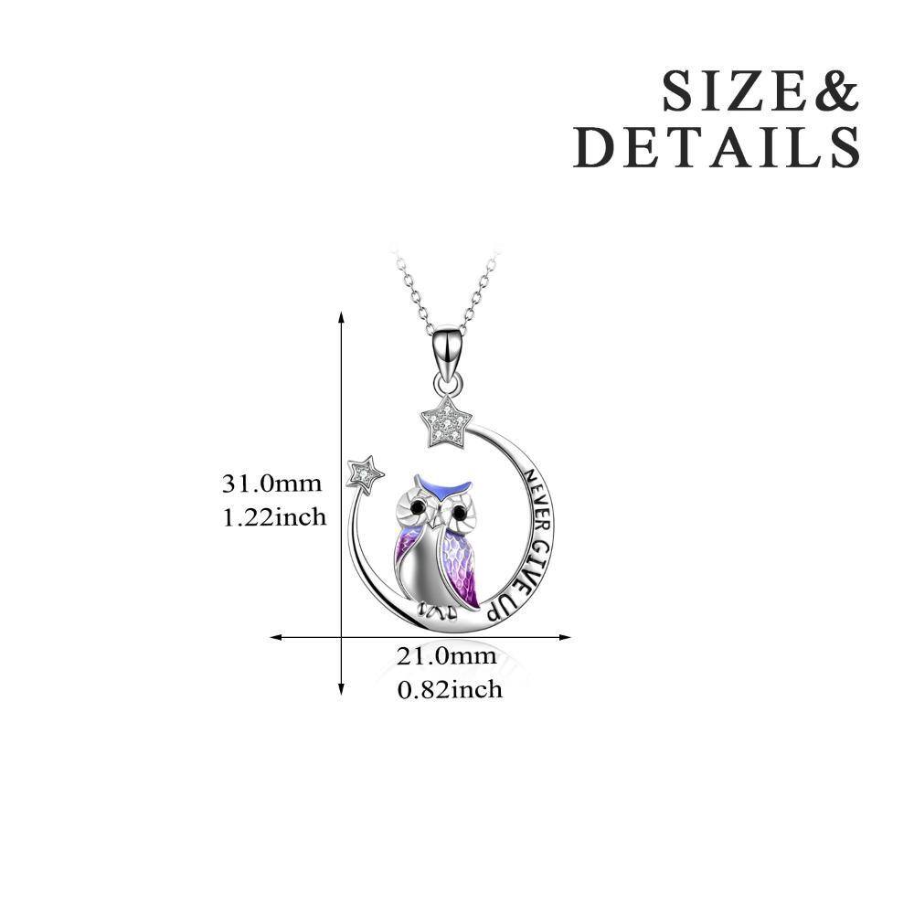 Sterling Silver Cubic Zirconia Owl & Moon Pendant Necklace with Engraved Word-5
