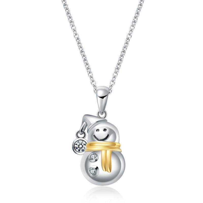 Sterling Silver Two-tone Circular Shaped Cubic Zirconia Snowman Pendant Necklace-1