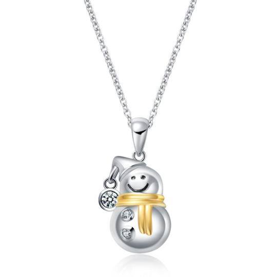 Sterling Silver Two-tone Circular Shaped Cubic Zirconia Snowman Pendant Necklace
