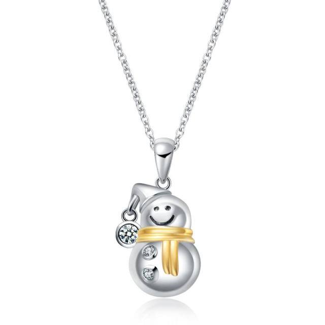 Sterling Silver Two-tone Circular Shaped Cubic Zirconia Snowman Pendant Necklace-0