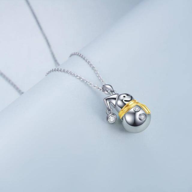 Sterling Silver Two-tone Circular Shaped Cubic Zirconia Snowman Pendant Necklace-3