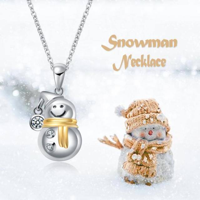 Sterling Silver Two-tone Circular Shaped Cubic Zirconia Snowman Pendant Necklace-5