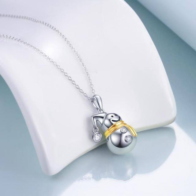 Sterling Silver Two-tone Circular Shaped Cubic Zirconia Snowman Pendant Necklace-2