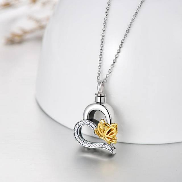Sterling Silver Two-tone Circular Shaped Cubic Zirconia Butterfly & Heart Urn Necklace for Ashes-2