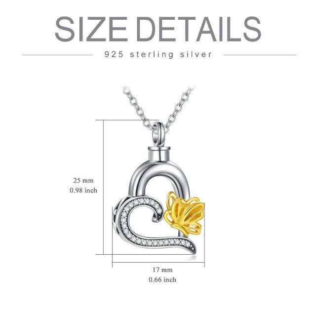 Sterling Silver Two-tone Circular Shaped Cubic Zirconia Butterfly & Heart Urn Necklace for Ashes-5
