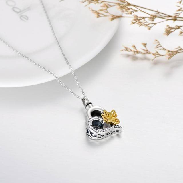 Sterling Silver Two-tone Circular Shaped Cubic Zirconia Butterfly & Heart Urn Necklace for Ashes-3