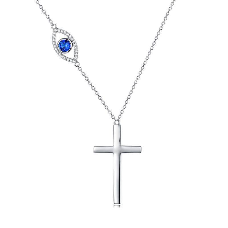 Sterling Silver Circular Shaped Cubic Zirconia Cross & Evil Eye Pendant Necklace-1