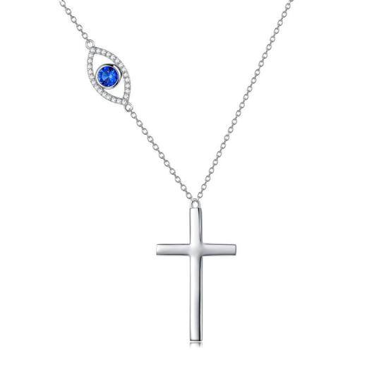 Sterling Silver Circular Shaped Cubic Zirconia Cross & Evil Eye Pendant Necklace