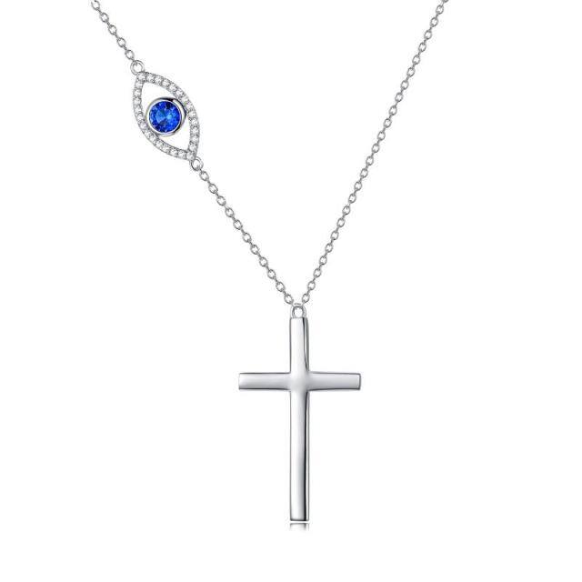 Sterling Silver Circular Shaped Cubic Zirconia Cross & Evil Eye Pendant Necklace-0