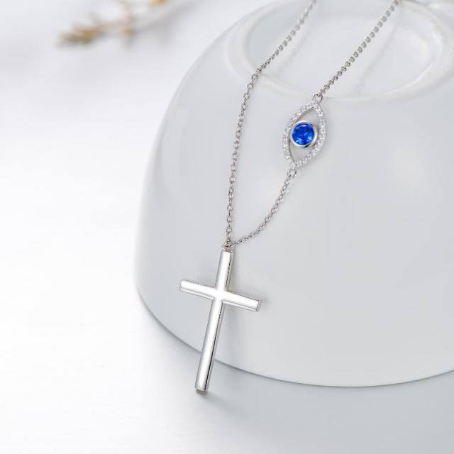 Sterling Silver Circular Shaped Cubic Zirconia Cross & Evil Eye Pendant Necklace-3