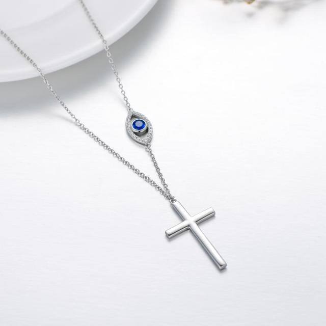 Sterling Silver Circular Shaped Cubic Zirconia Cross & Evil Eye Pendant Necklace-4