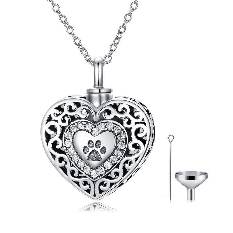 Sterling Silver Round Cubic Zirconia Paw & Heart Urn Necklace for Ashes with Engraved Word-1