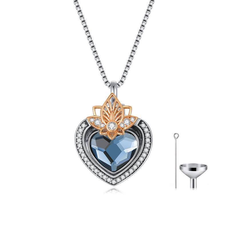 Sterling Silver Two-tone Heart Shaped Crystal Heart Urn Necklace for Ashes with Engraved Word-1