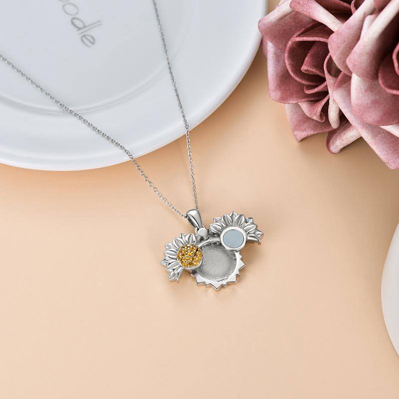 Sterling Silver Circular Shaped Sunflower Personalized Photo Locket Necklace-7