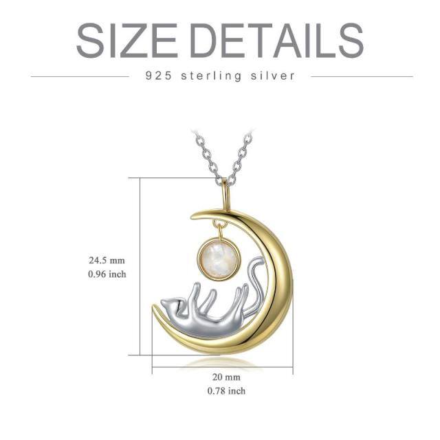 Sterling Silver Two-tone Circular Shaped Moonstone Cat & Moon Pendant Necklace-5