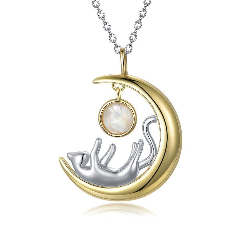 Sterling Silver Two-tone Circular Shaped Moonstone Cat & Moon Pendant Necklace-1