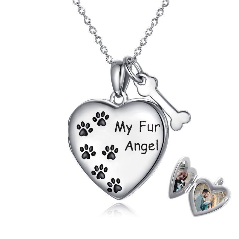 Sterling Silber Paw & Bone Heart personalisierte Foto Medaillon Halskette-1